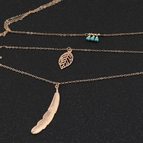 NEW Gold Feather‎ Turquoise Layered Necklace - Picture 14 of 16